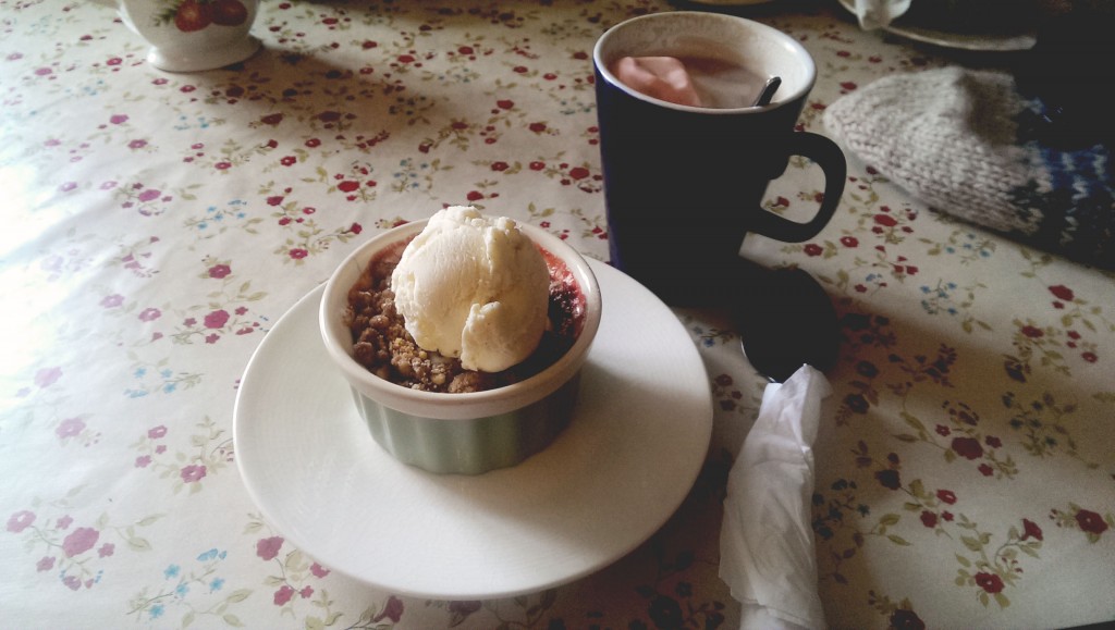 Warmer Rhabarber-Erdbeer-Crumble mit Vanilleeis und dazu heiße Marshmellowschokolade