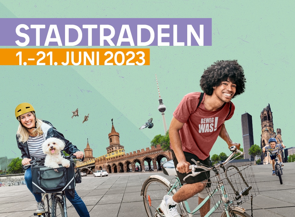 Stadtradeln Bild mit Schriftzug und Personen auf dem Fahrrad vor Berliner Wahrzeichen